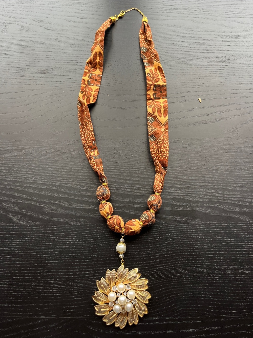 Batik Print Fabric Wrapped Bead Statement Necklace Gold Pearl Brooch Pendant